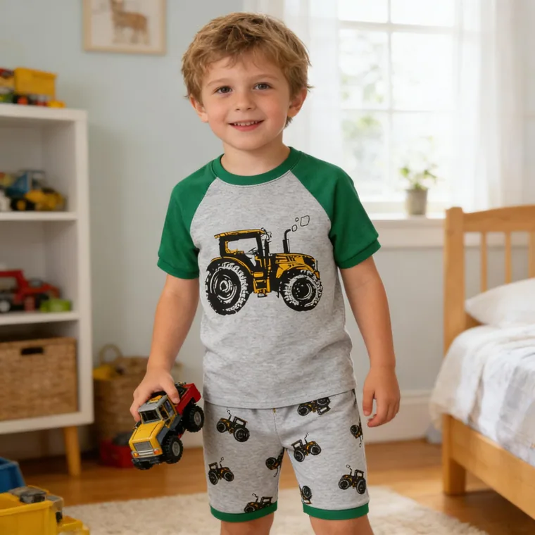 A boy in a Family Feeling tractor print short sleeve set