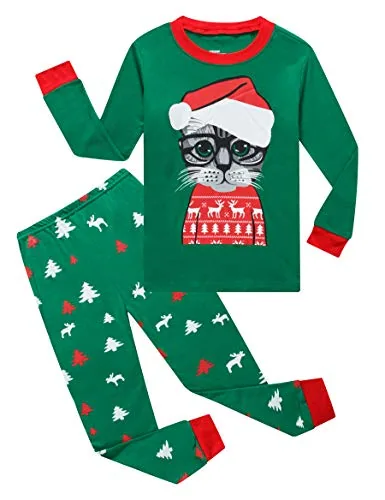 Christmas Cat Long Sleeve Pajama Set, Green